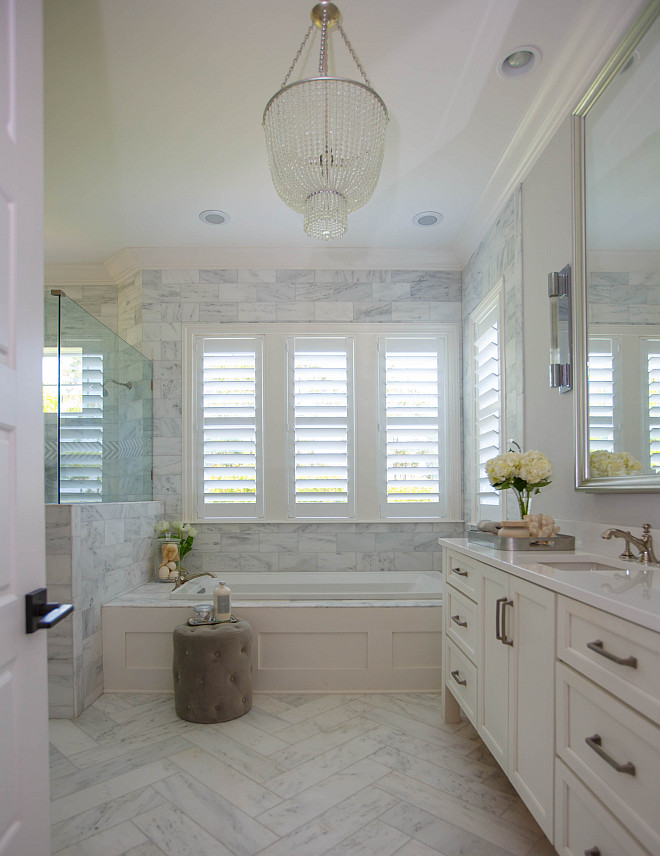 Bathroom Tile Bathroom with combination of marble herringbone and marble subway tile #bathroom #herringbone #tile #marbletile