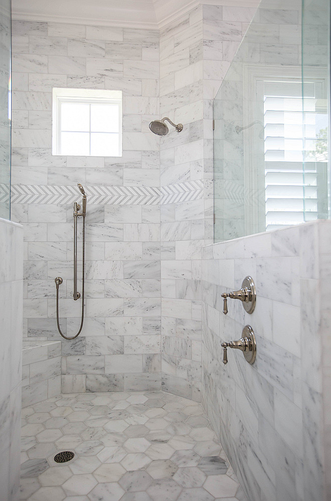 Shower Tile Ideas Shower wall with marble tile and shower floor tile large hex marble tile #ShowerTile