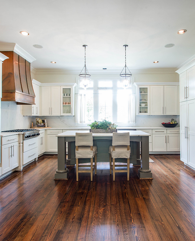 Grey Kitchen Island with Pine Hardwood floor White kitchen painted in Benjamin Moore White Dove with grey island and pine hardwood floor #kitchen #BenjaminMooreWhiteDove #Pine #Hardwoodfloor