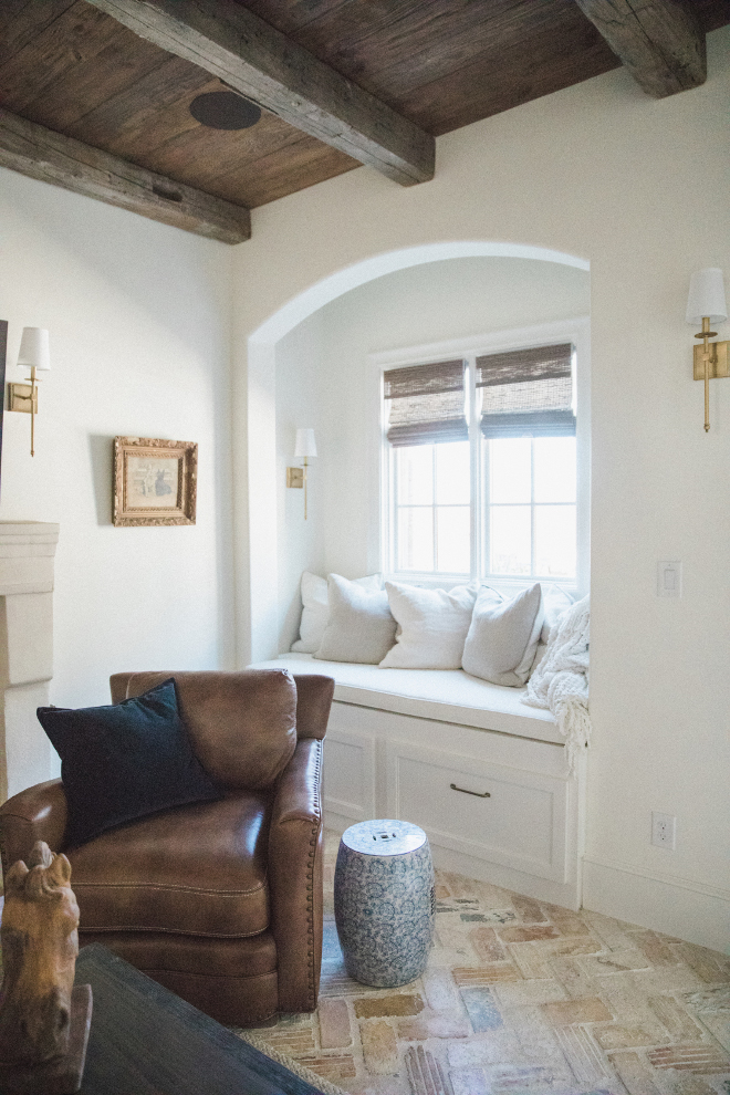 Farmhouse Reading Nook Farmhouse Reading Nook with window seat, reclaimed wood ceiling and herringbone brick flooring #windowseat #readingnook #reclaimedwood #ceiling #brickflooring #herringbonebrick