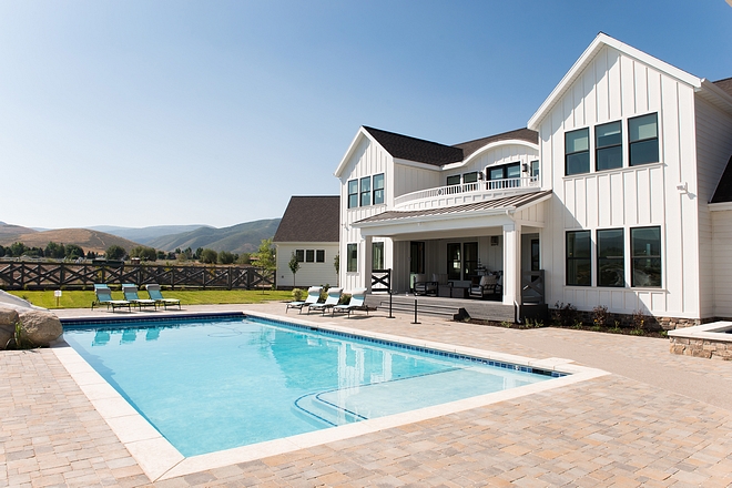 Modern farmhouse home pool backyard