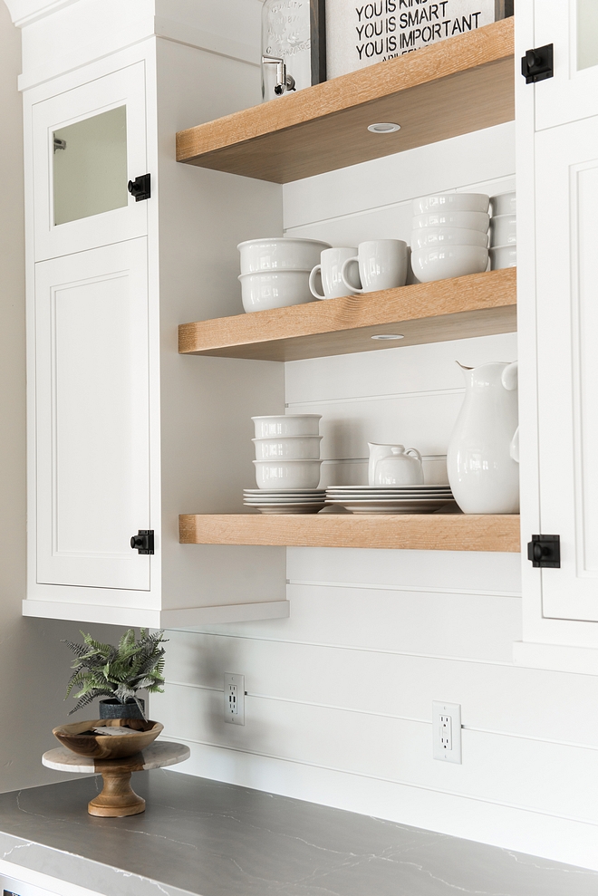 White Oak Floating Shelves and shiplap backsplash