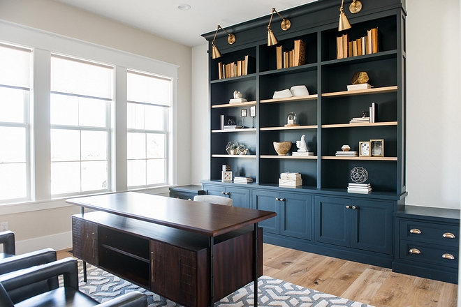 Navy Home Office Bookshelves with brass