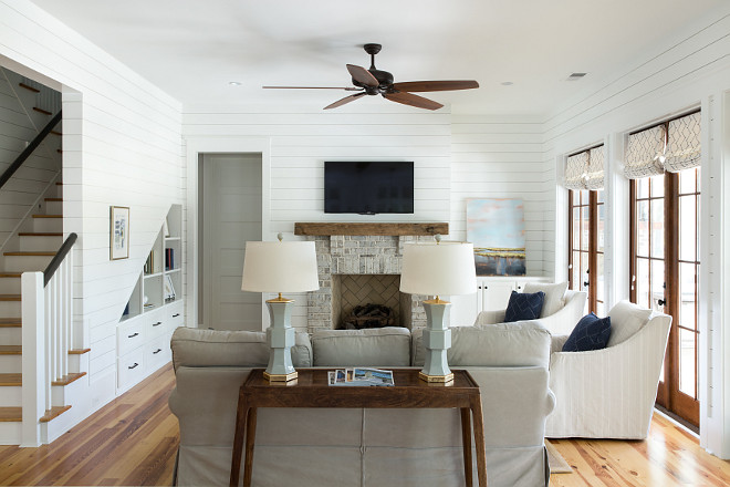 Shiplap Living Room Painted in Sherwin Williams Pure White