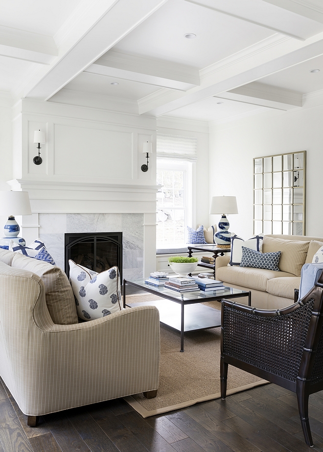 Coffered ceiling Living Room painted in Benjamin Moore OC-45