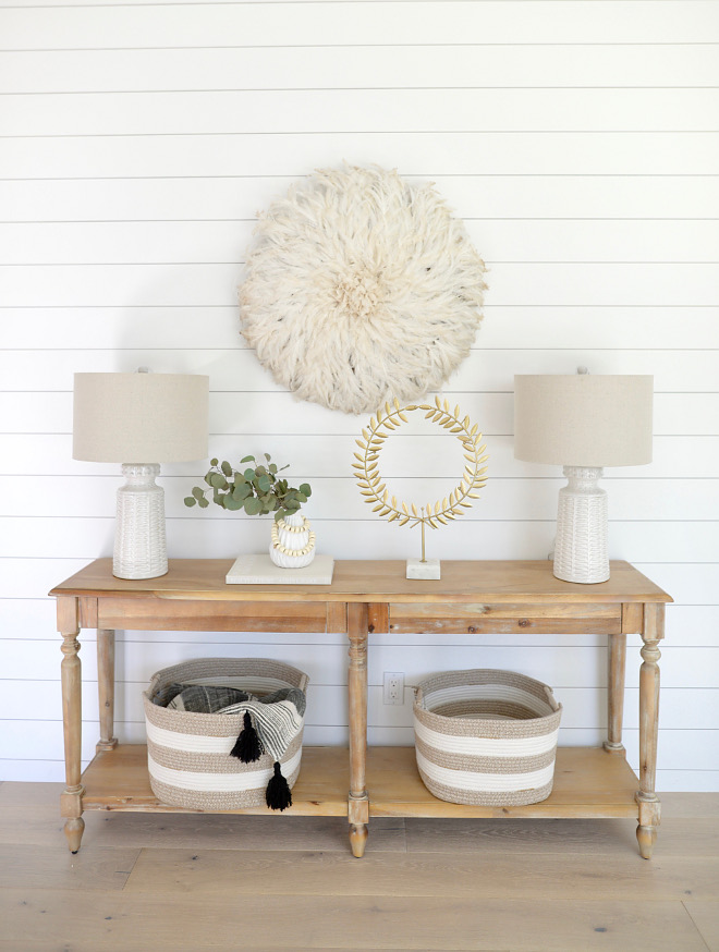 Modern farmhouse foyer with shiplap, white oak console table, white juju hat and white oak hardwood floors #foyer #shiplap #consoletable #whiteoak #hardwoodfloor