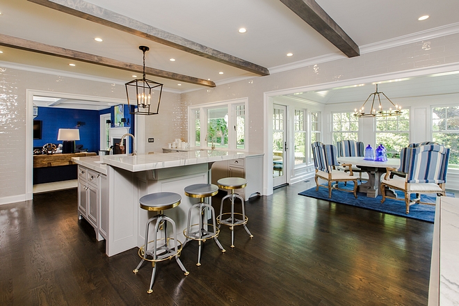 Hardwood flooring 4" white oak stained; Duraseal 50/50 Jacobean and Ebony more details on Home Bunch blog