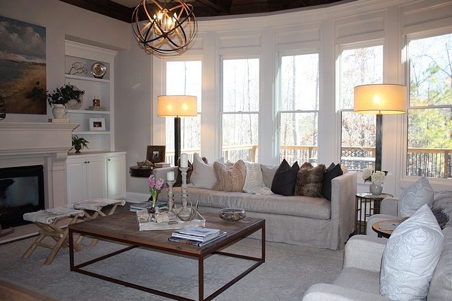 Living Room slipcovered Sofas and rustic reclaimed wood coffee table