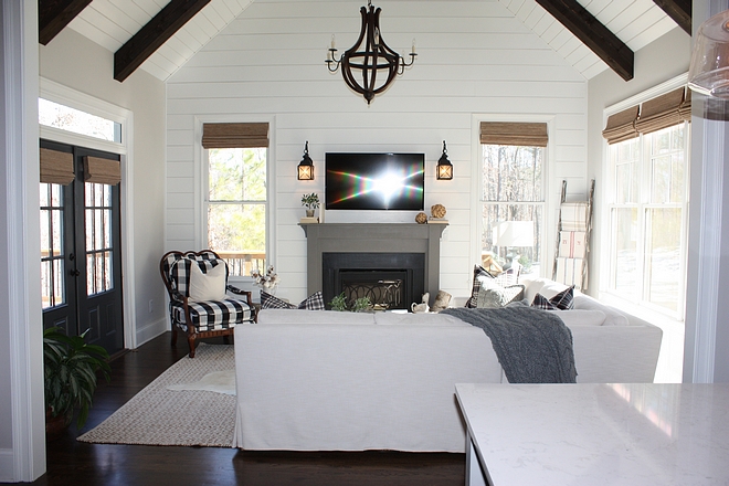 Family Room floor to ceiling shiplap vaulted ceiling and dark stained beams #FamilyRoom #shiplap #beams