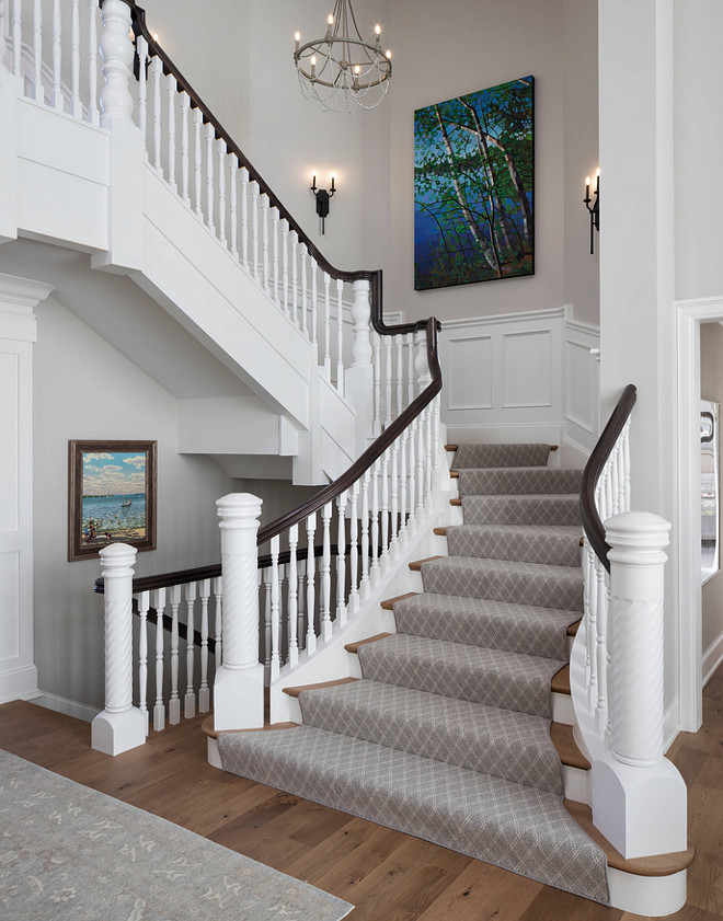 Traditional Staircase Traditional Staircase with grey runner and custom millwork Traditional Staircase #TraditionalStaircase #Staircaserunner #Staircasemillwork