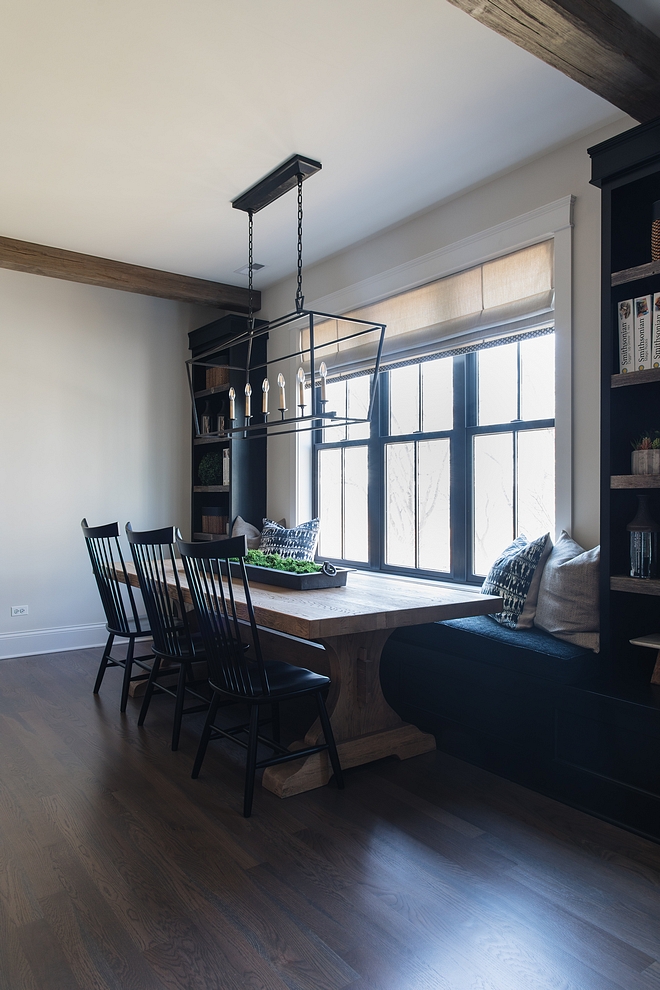 Farmhouse Dining room with banquette and bookcases