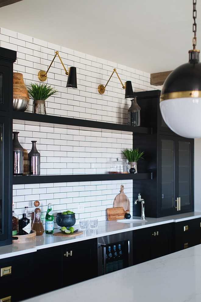 Black cabinets with white subway tile and long floating shelves Black cabinets with white subway tile and long floating shelves Black cabinets with white subway tile and long floating shelves #Blackcabinets #whitesubwaytile #floatingshelves