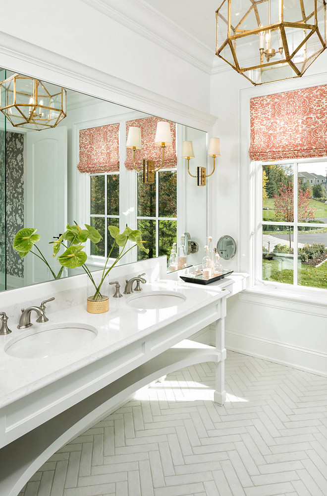 White Herringbone Floor TileBathroom Herringbone Tile source on Home Bunch #Bathroom #HerringboneTile