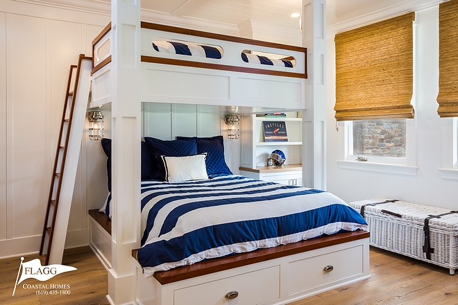 Coastal Bunk Room Coastal Bunk Room with queen bunk beds, white oak hardwood flooring and board and batten paneling Coastal Bunk Room #CoastalBunkRoom #BunkRoom #boardandbatten #queenbunkbed #bunkbed