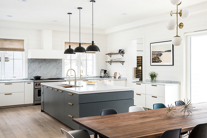 White kitchen with grey island Modern farmhouse kitchen with white and grey cabinets