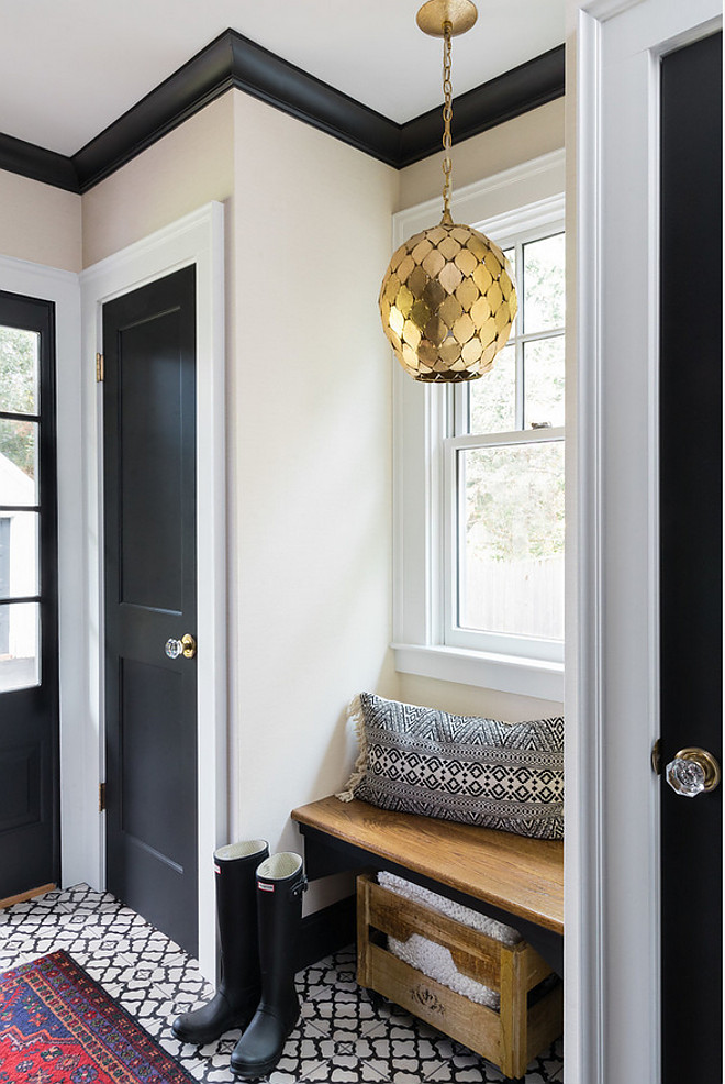 Mudroom with built-in bench, black interior doors, black trim, black cabinets and back and white cement tile Mudroom with built-in bench, black interior doors, black trim, black cabinets and back and white cement tile Mudroom with built-in bench, black interior doors, black trim, black cabinets and back and white cement tile #Mudroom #builtinbench #blackinteriordoor #blacktrim #blackcabinet #backandwhite #cementtile