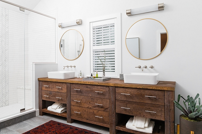 Farmhouse Master Bathroom vanity is made of reclaimed wood details on Home Bunch