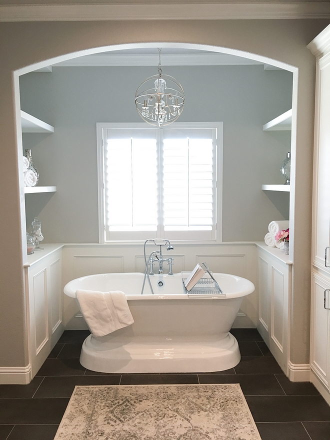 Repose Gray by Sherwin Williams Bath nook with wainscoting and grey walls painted in Repose Gray by Sherwin Williams Repose Gray by Sherwin Williams #ReposeGraybySherwinWilliams