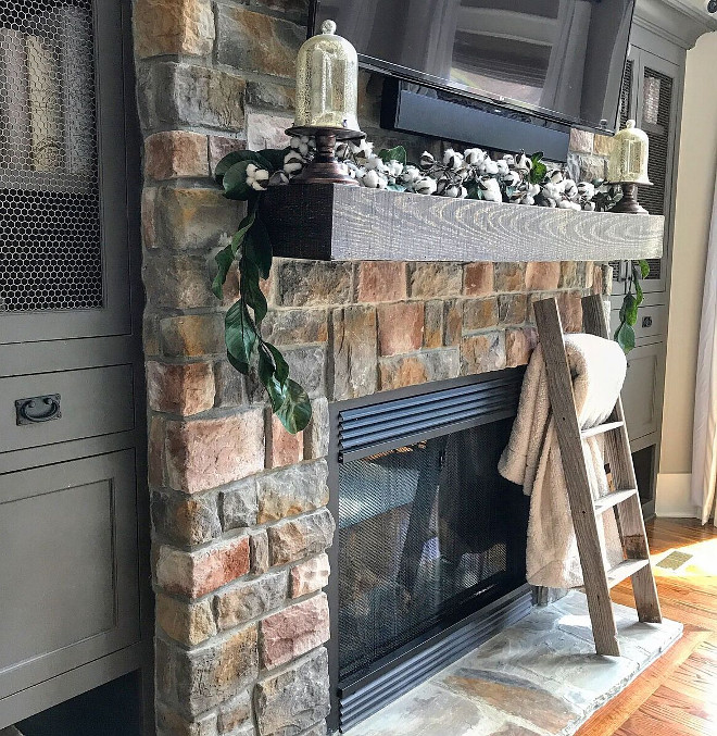 Farmhouse Stone Fireplace with timber wood mantel source on Home Bunch