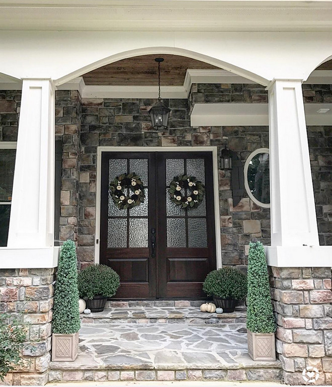 Stone and white trim Tapered Porch Columns - details on Home Bunch